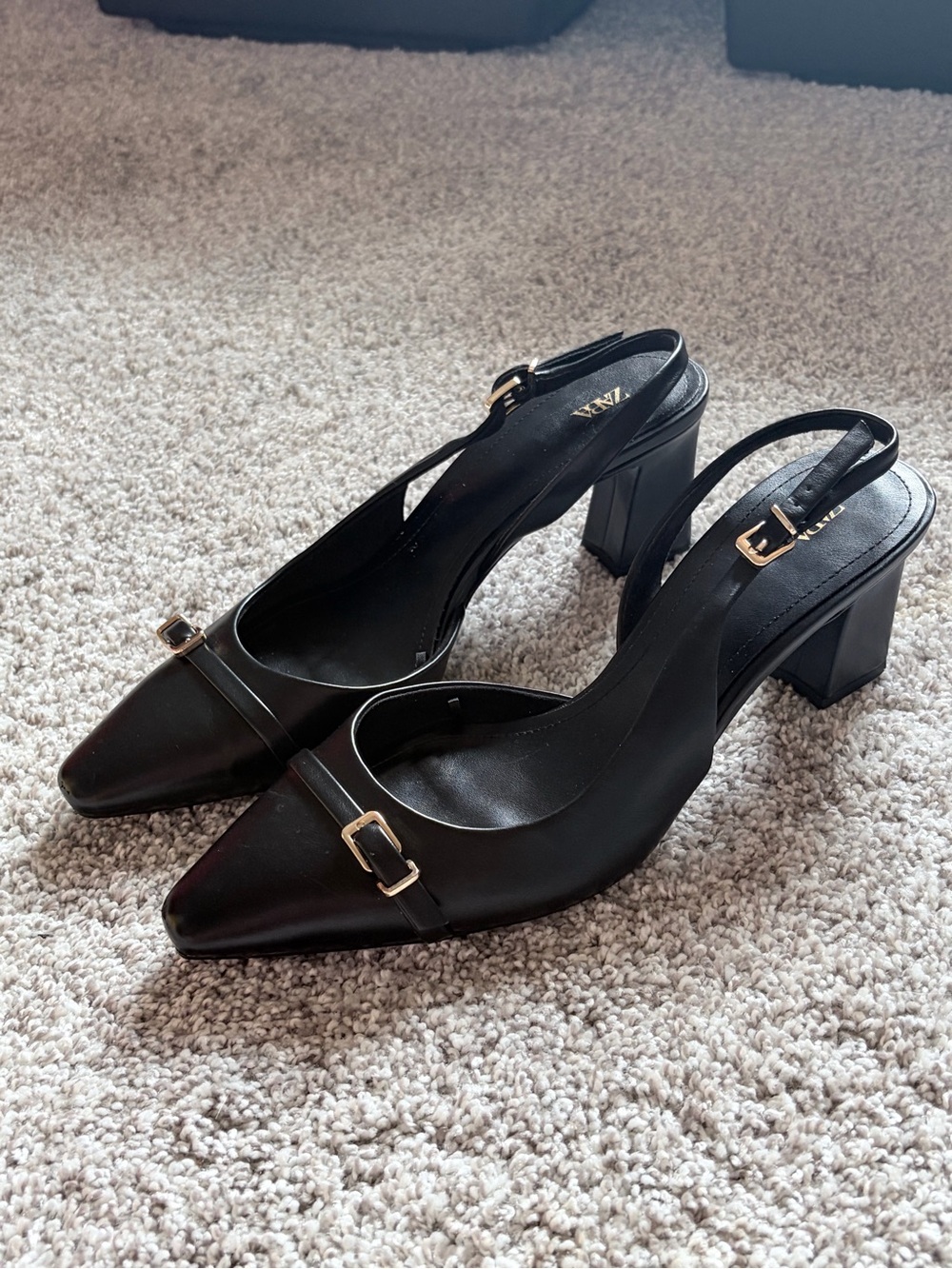 Zara Classic Black Slingback Block Heels with Gold Buckle Detail